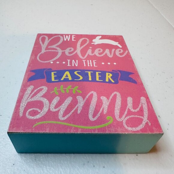WE BELIEVE IN THE EASTER BUNNY wood block sign decoration glitter Easter decor - Picture 6 of 10